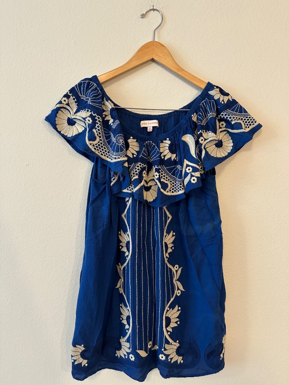 Red Carter Blue Embroidered Off Shoulder Rayon Cover Up Dress Women's M